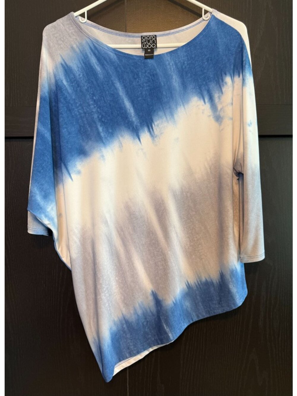 Clara Sun Woo Pullover Blue Asymmetrical Stretch Blouse XS 3/4 Sleeves Artsy